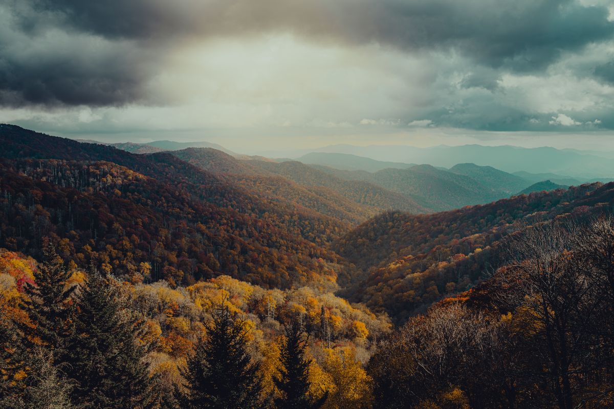 Breathtaking autumn mountain landscape with golden foliage and rolling hills in Peak District