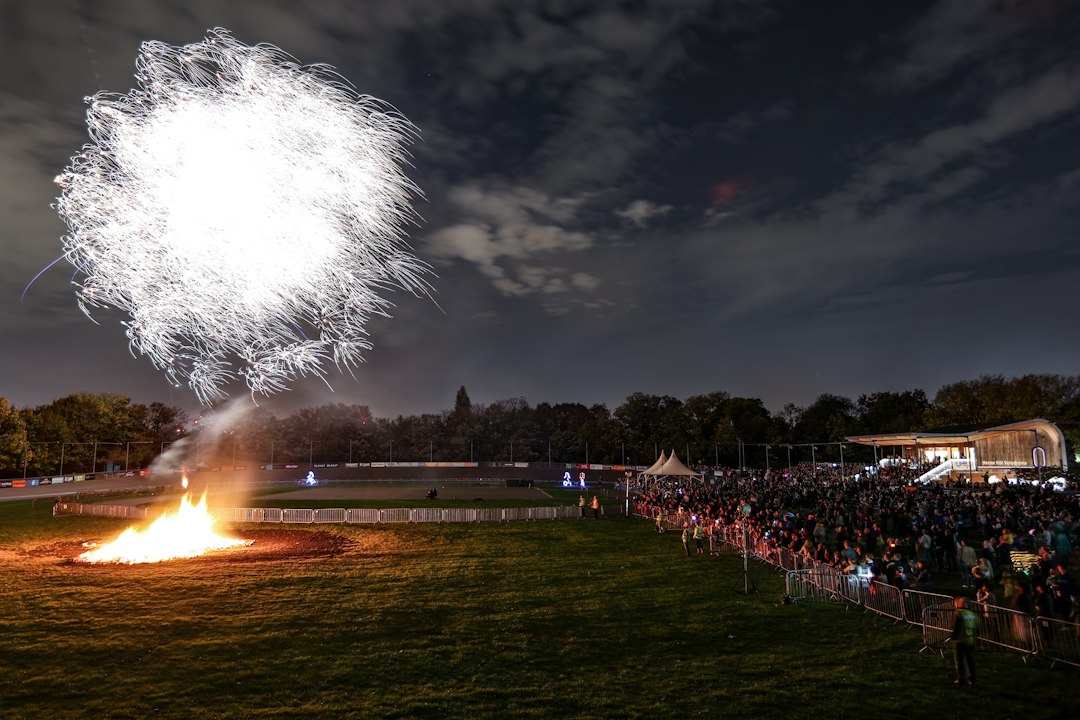 Crowd watching a fireworks display on Bonfire Night in Derbyshire, Peak District